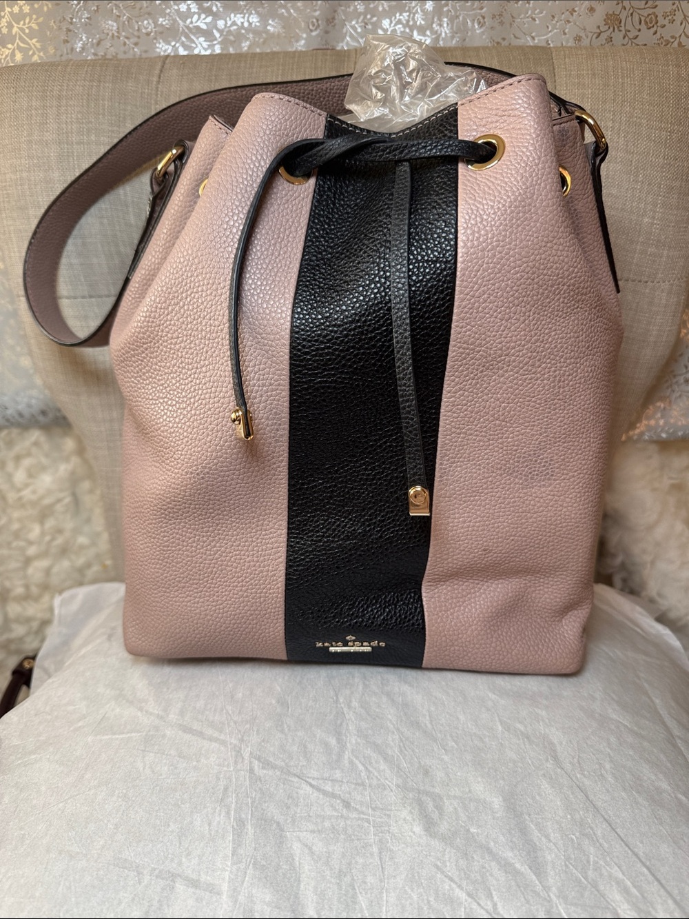 kate spade Pink and Black Pebbled Leather Drawstring Bucket Shoulder Bag